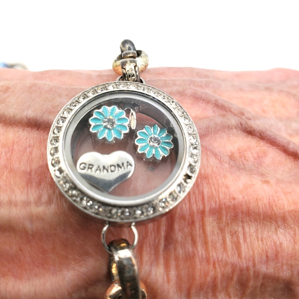 Origami Owl Grandma Bracelet Floating Charms Blue Flowers Silver Tone 8"